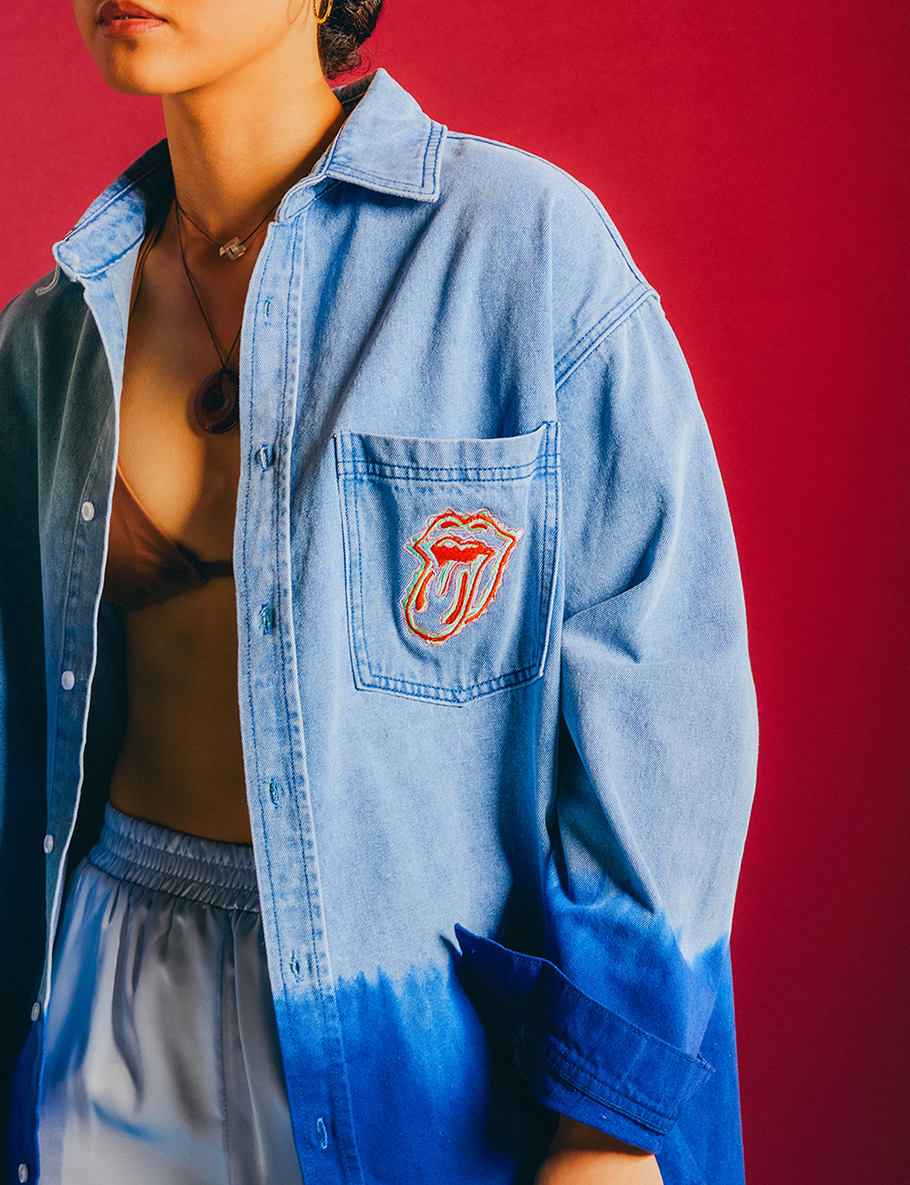 Carnaby - Light Blue Embroidered Tongue Logo Dip-Dye Denim Shirt